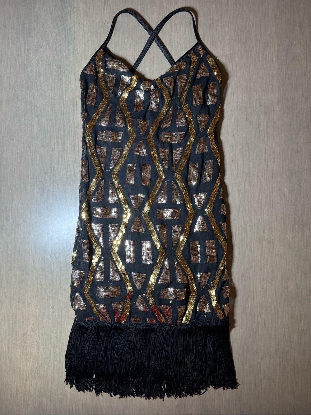 Weissman Black Fringe Slip Dress with Gold and Bronze Sequins